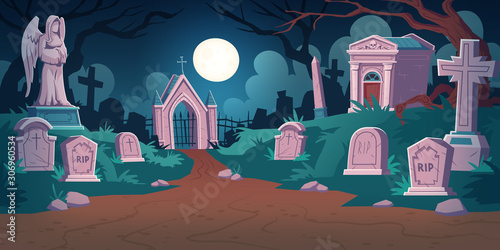 Cemetery landscape at night, tombstone with RIP inscription, cartoon vector. Gravestones with cross, angel figure, ossuary or crypt in moonlight, halloween illustration isolated on white background