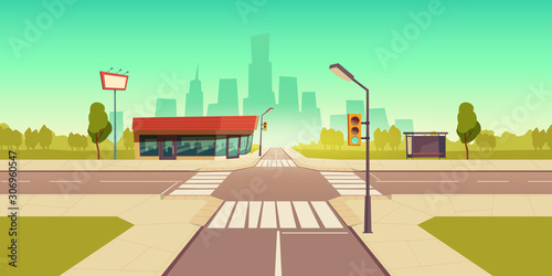 Urban street landscape with public transport stop and roadside service building, cartoon vector background. Cityscape with crossroads, traffic lights, billboard sign and sidewalk, town poster