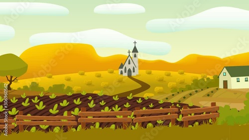 Looped spring village landscape, vector cartoon motion grapic background