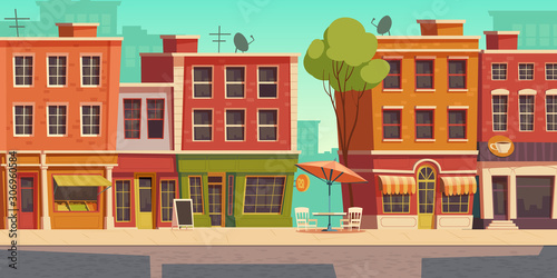 Urban street landscape with small shops and residential buildings, cartoon vector background. Cityscape with pavement, facades of cafes, restaurant and bakeries, town poster