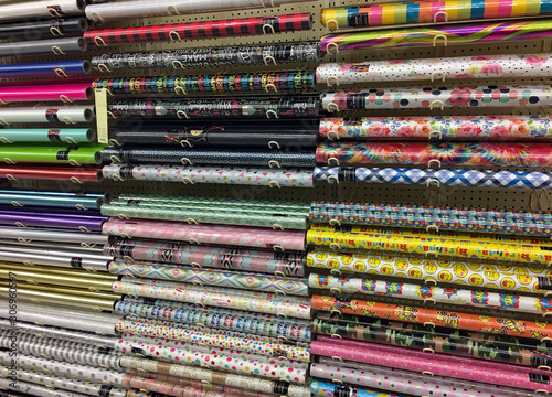 Rolls of wrapping paper on display