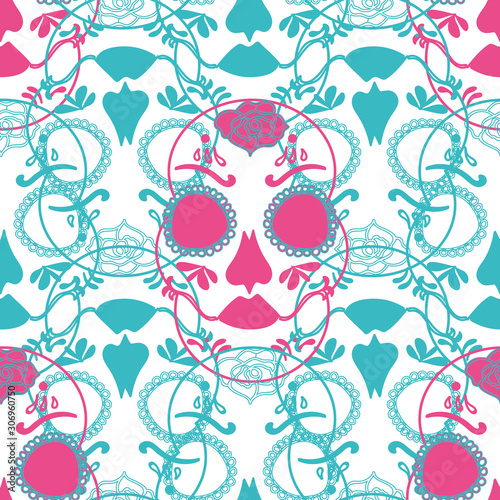 Vector glamourous Halloween seamless pattern with pink and turquoise skull. Perfect for fabric, scrapbooking, wallpaper projects.