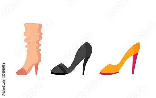 Set with different types of trend womens shoes. Color decorative design. Use for advertising shoe store or website. Flat vector illustration