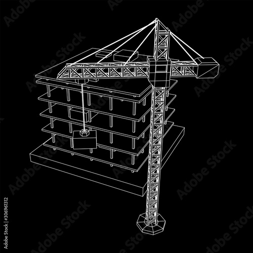 Building under construction with crane. Build house construct in process. Wireframe low poly mesh vector illustration