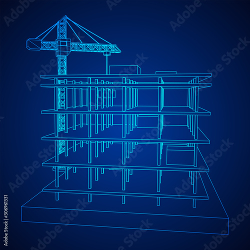 Building under construction with crane. Build house construct in process. Wireframe low poly mesh vector illustration