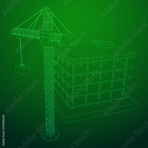 Building under construction with crane. Build house construct in process. Wireframe low poly mesh vector illustration