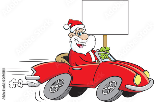 Cartoon illustration of Santa Claus driving a sports car while holding a sign.