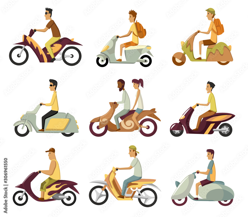 Vector modern creative flat design illustration featuring young man commuting on retro scooter. Man riding classic looking moped, side view. Set of vector styled scooter