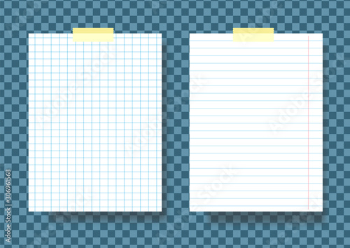 Notebook sheets isolate .Checkered paper and ruler .School exercise book .Vector illustration.