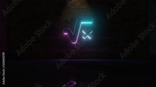 Obraz na plátne 3D rendering of blue violet neon symbol of square root  icon on brick wall