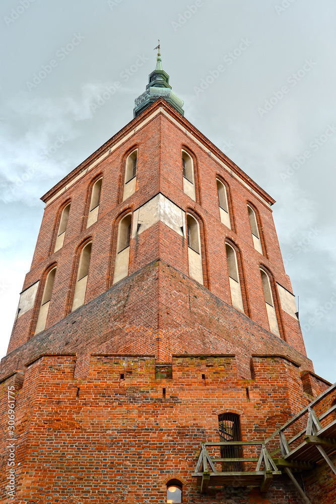 Brick cathedral bell tower (17th century), view from below. Frombork, Poland