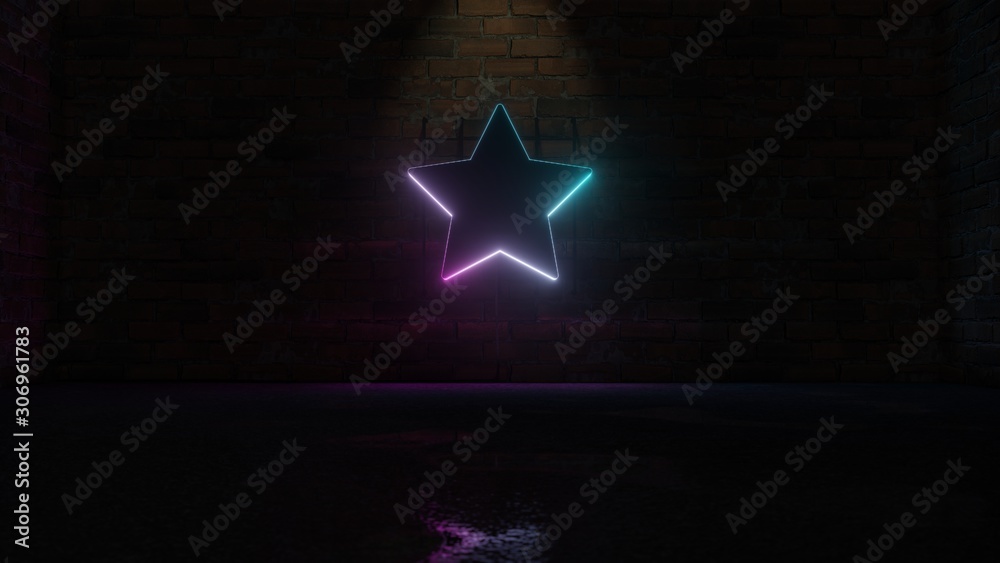 3D rendering of blue violet neon symbol of star icon on brick wall 3D rendering of blue violet neon symbol of star icon on brick wall