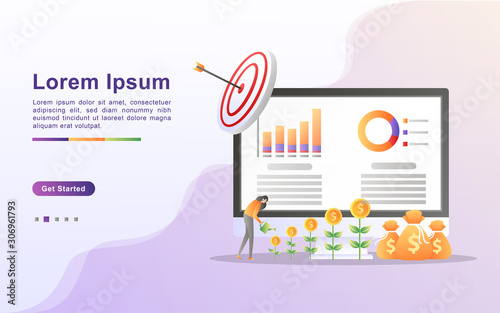 Return on investment concept. Profit strategy, Financial performance, statistic report, budget planning, income growth. Can use for web landing page, banner, mobile app. Vector Illustration