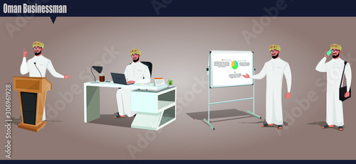 Arab Omani male character working in office, giving a lecture, presentation and talking in mobile phone. Oman businessman vector illustration.