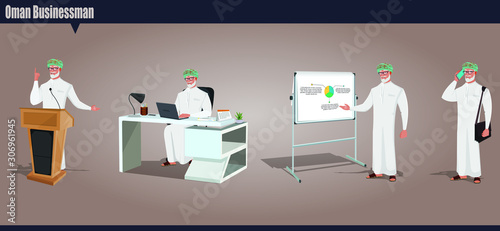 Arab Omani Old male character working in office, giving a lecture, presentation and talking in mobile phone. Oman old businessman vector illustration.