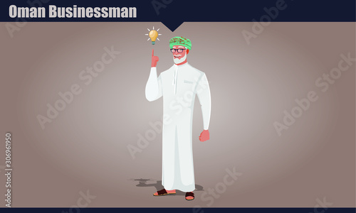 Arab Omani Old male character with an Idea, Pointing a bulb. Oman old businessman vector illustration.