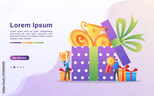 Reward program and get gift concept. People win sweepstakes, cash back programs, rewards for loyal customers, attractive offers. Can use for web landing page, banner, mobile app. Vector Illustration