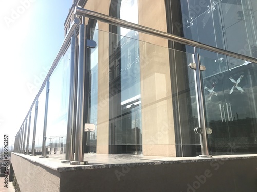 Cuadro en lienzo An Stainless steel glass transparent handrails with hairline finish fixed at lob