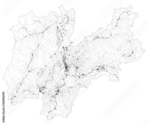 Satellite map of province of Trento, towns and roads, buildings and connecting roads of surrounding areas. Trentino Alto Adige, Italy. Map roads, ring roads