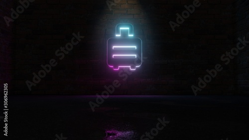 3D rendering of blue violet neon symbol of suitcase rolling icon on brick wall