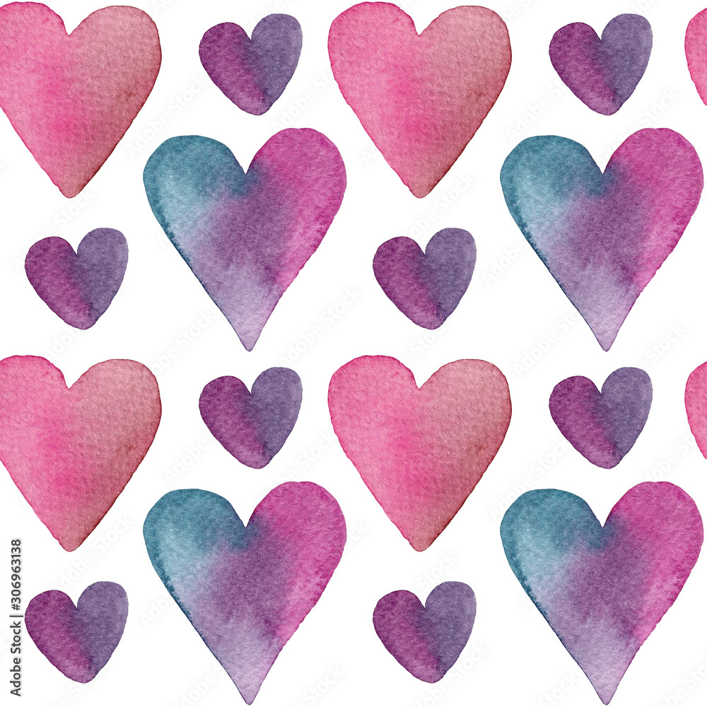 Purple gradient hand-drawn watercolor hearts isolated on a white background. Valentine's Day seamless pattern. Colorful texture for wrapping paper, wallpaper, fabric design, web-design, scrapbooking