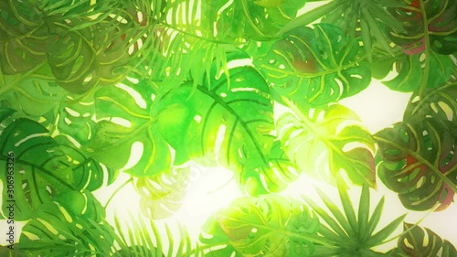 Abstract background with hand drawn watercolor tropical palm leaves. Seamless looping 4K footage. 