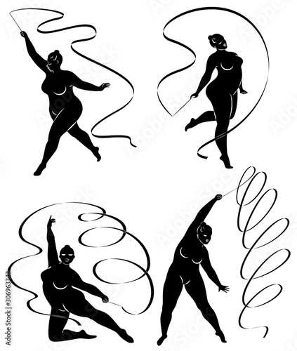 Collection. Gymnastics. Silhouette of a girl with a ribbon. The woman is overweight, a large body. The girl is full figured. Vector illustration set.