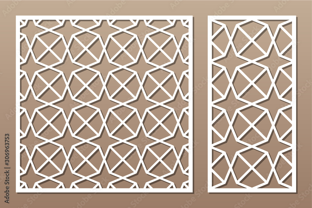 Set decorative card for cutting. Recurring Artistic Arab Mosaic pattern. Laser cut. Ratio 1:1, 1:2. Vector illustration. Set decorative card for cutting. Recurring Artistic Arab Mosaic pattern. Laser cut. Ratio 1:1, 1:2. Vector illustration.