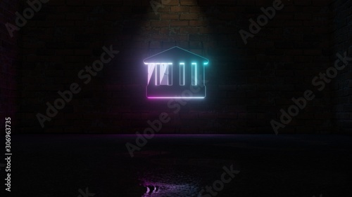 Fototapeta Naklejka Na Ścianę i Meble -  3D rendering of blue violet neon symbol of temple icon on brick wall