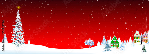 Herringbone houses village on red. Little village on Christmas Eve on a red background. Christmas tree and star in the sky. Snow-covered village. Night. Winter rural landscape on Christmas Eve.