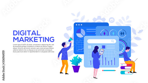 Digital marketing concept with characters. Vector illustration. Landing page template for web and mobile.