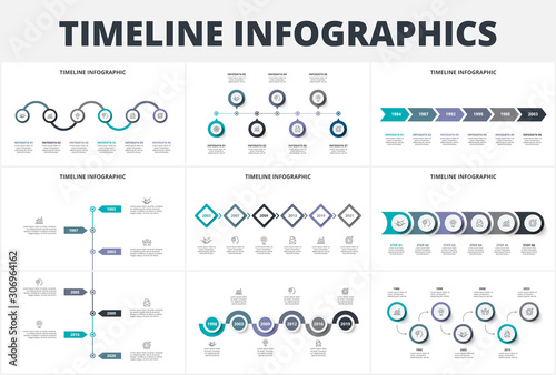 Creative concept set for infographic timeline. Process chart. Abstract elements of graph, diagram with 6 and 7 steps, options, parts or processes. Vector business template for presentation.