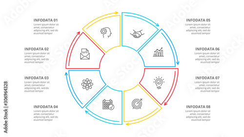 Thin line flat element for infographic. Template for diagram, graph, presentation and chart. Business concept with 8 options, parts, steps or processes.