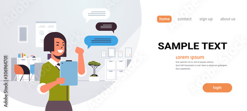 woman chatting on tablet businesswoman using mobile app social network chat bubble communication concept modern office interior portrait horizontal copy space vector illustration