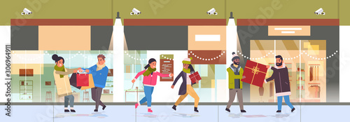 shoppers fighting for purchases mix race furious customers on seasonal shopping sale fight concept supermarket mall exterior horizontal banner full length vector illustration
