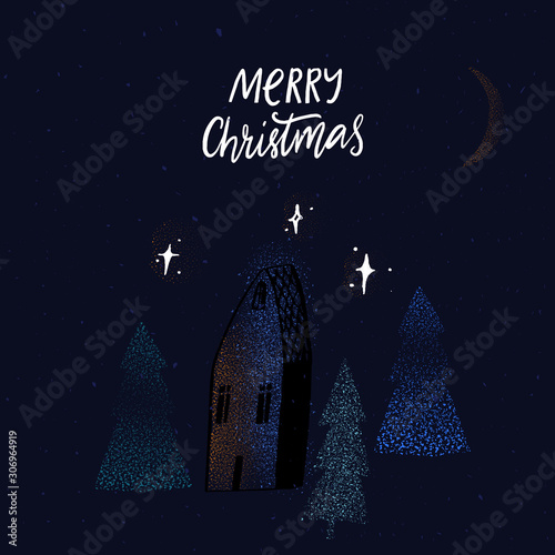Merry Christmas greeting card design. Winter forest illustration with glitter shine effect on spruces.