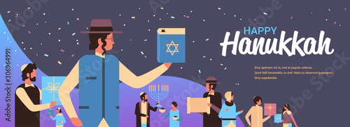 jews people standing together jewish men women in traditional clothes happy hanukkah concept judaism religious holidays celebration portrait horizontal copy space vector illustration