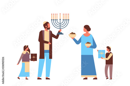 jews family holding menorah and gift boxes jewish parents children in traditional clothes standing together happy hanukkah judaism religious holidays concept horizontal full length vector illustration