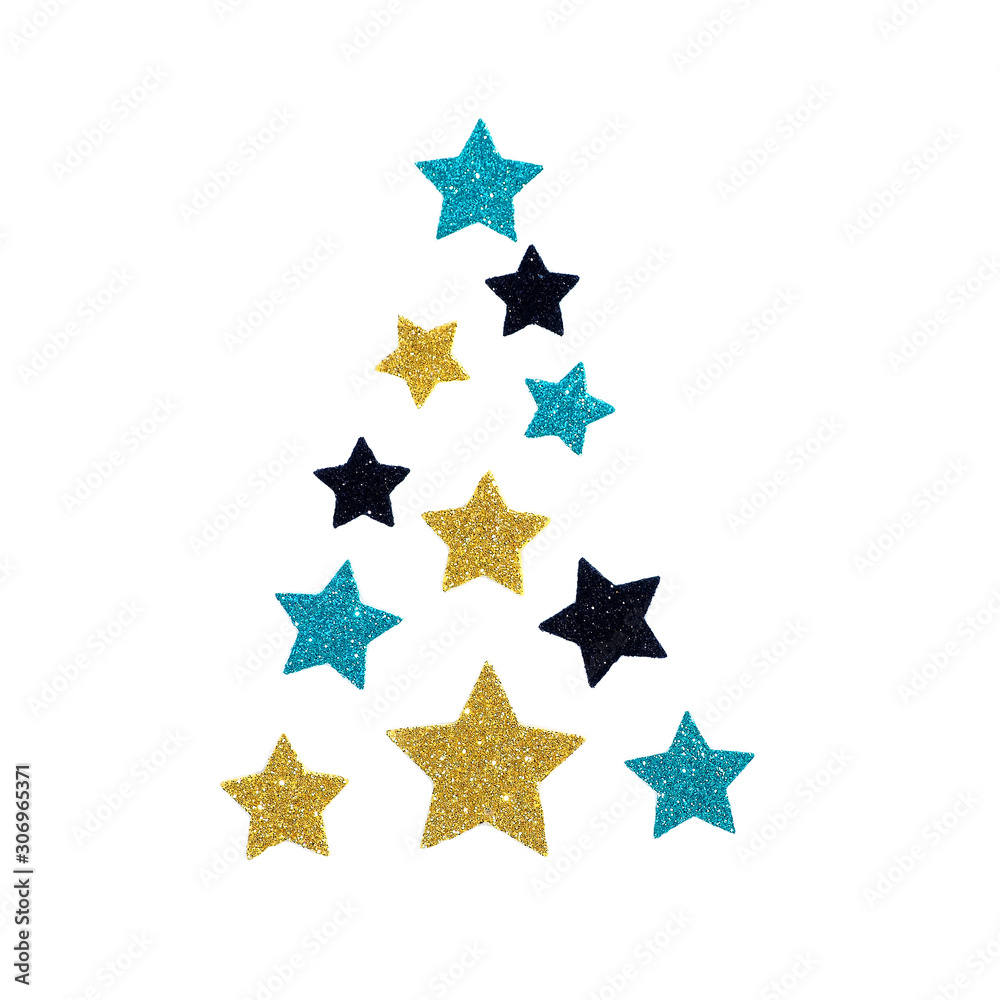 black, blue and yellow shining stars laid out in the shape of a Christmas tree. Isolate on a white background.. black, blue and yellow shining stars laid out in the shape of a Christmas tree. Isolate on a white background..