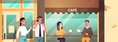 businesspeople visitors having coffee break men women drinking hot beverages modern street cafe exterior portrait horizontal flat vector illustration