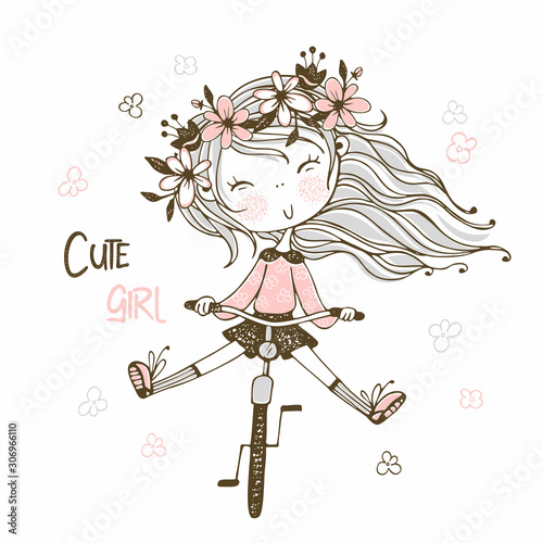 Cute girl with a long pigtail holding a kitten. Vector
