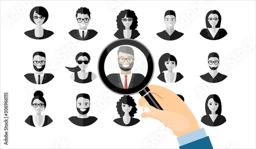 Human resources management select employee. Recruitment, concept of human resources management. CV application. Selecting staff. vector illustration in flat design