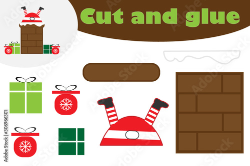 Santa in chimney, christmas education game for the development of preschool children, use scissors and glue to create the applique, cut parts of image and glue on the paper, vector illustration