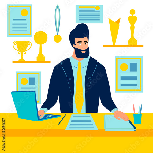 Sports manager, the winner at the desk. In minimalist style. Cartoon flat raster