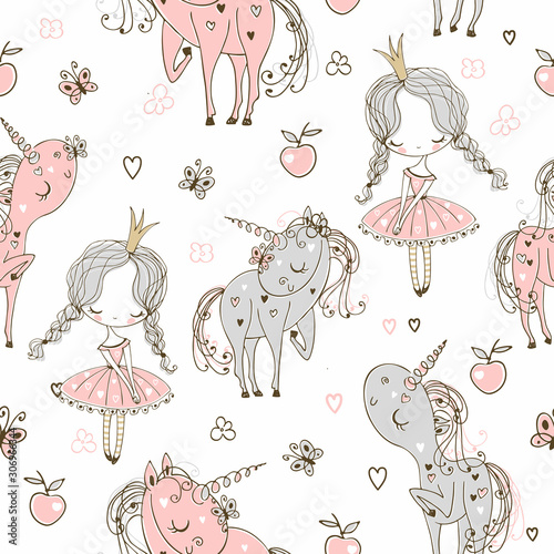 Seamless pattern with little princesses and unicorns. Vector