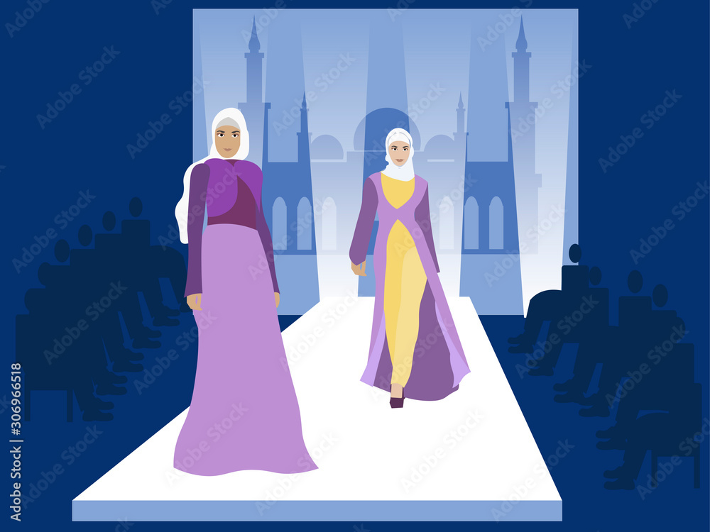 Fashion show. Muslim women models. Vogue industry. In minimalist style.  Cartoon flat raster Stock Illustration | Adobe Stock