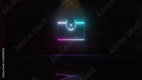 3D rendering of blue violet neon symbol of wallet icon on brick wall