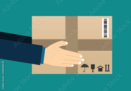 Courier Hands with postal cardboard box. Delivery service concept. Vector illustration in flat design