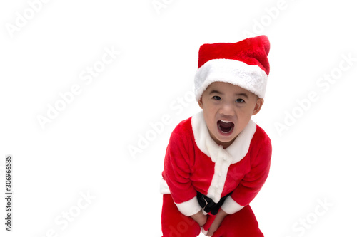 Asian baby boy santa claus excited screaming and standing isolated over white background, Wow and surprised concept