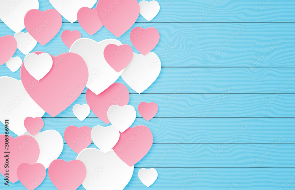 Illustration of love valentine's day banner with heart shape on blue wooden table in paper cut style. Digital craft paper art.